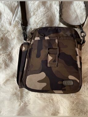 LUG Convertible “Infinity Can Can” crossbody bag, green & brown camouflage print